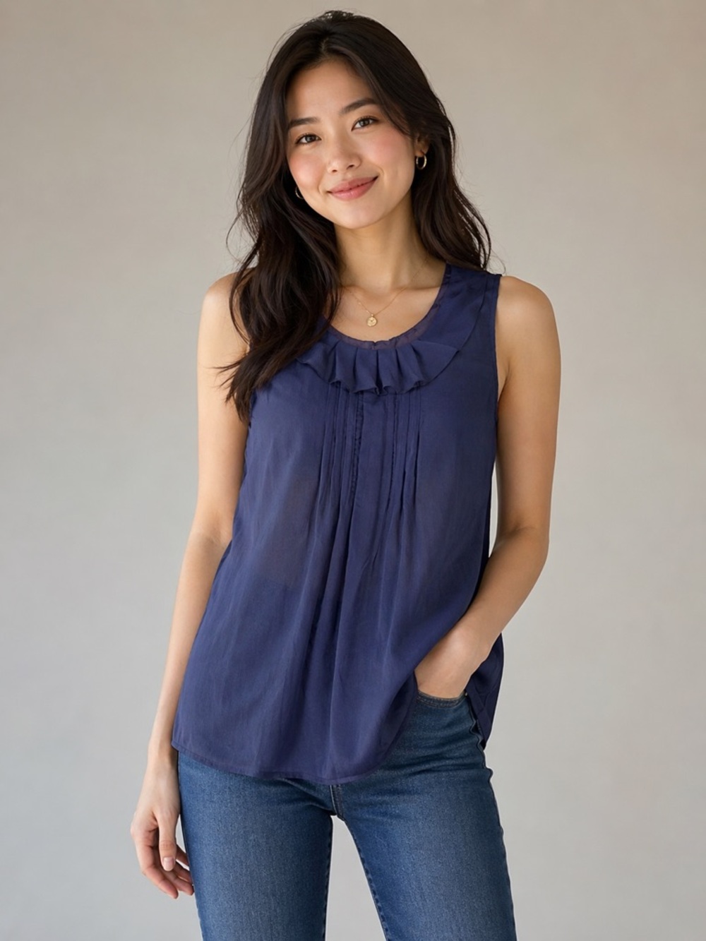 LOFT Slate Blue Sleeveless Pleated Ruffle Neck Blouse